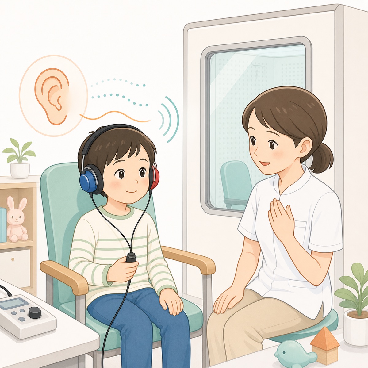 耳鼻咽喉科で聞こえの検査を受ける子どものイラスト